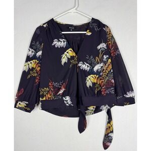 Madewell Blouse Womens Small Dark Blue Flora Print Chiffon Wrap Top V Neck‎ Boho